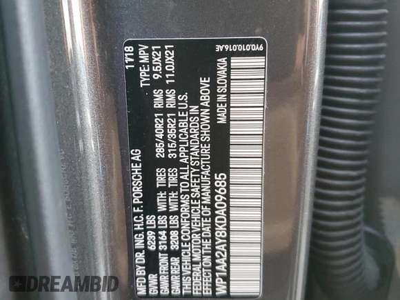 2019 Porsche Cayenne with VIN WP1AA2AY8KDA09685, listed as a Copart auction lot 66496105 with 93,007 mi miles and Salvage title. Bid and sale history available at DreamBid. Image 13.