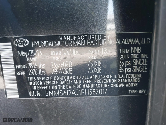 2023 Hyundai Santa Fe XRT with VIN 5NMS6DAJ1PH587017, listed as a IAAI auction lot 41596810 with 11,171 mi miles. Bid and sale history available at carsss.com. Image 9.