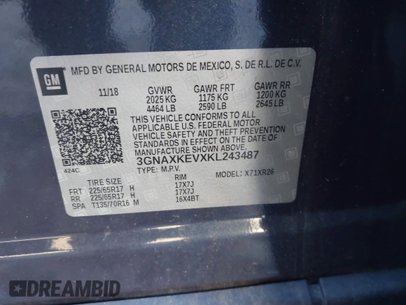 2019 Chevrolet Equinox LT z VIN 3GNAXKEVXKL243487, wystawiony jako IAAI lot #41217077 z przebiegiem 62 119 mil mil oraz . Historia ofert i sprzedaży dostępna na DreamBid. Obrazek 9.