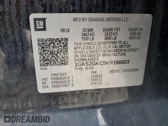 2019 GMC Yukon XL SLT with VIN 1GKS2GKC5KR166603, listed as a Copart auction lot 57913715 with 126,609 mi miles and Salvage title. Bid and sale history available at DreamBid. Image 13.