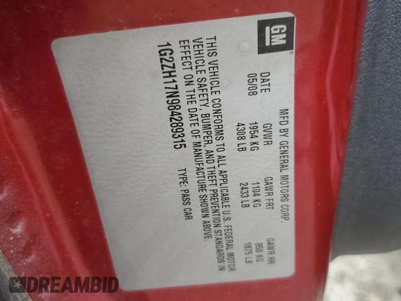 2008 Pontiac G6 GT with VIN 1G2ZH17N984289315, listed as a Copart auction lot 61216885 with 180,592 mi miles and Salvage title. Bid and sale history available at DreamBid. Image 12.