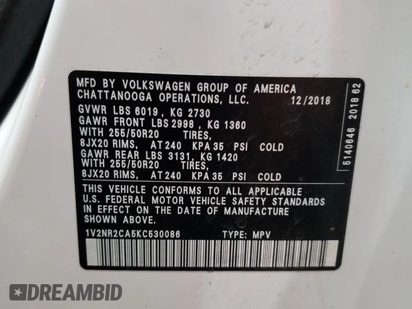2019 Volkswagen Atlas SEL Premium с VIN 1V2NR2CA5KC530086, выставлен на аукционе Copart как лот 55745515 с пробегом 96 092 миль миль и Списание • Salvage title. История ставок и продаж доступна на DreamBid. Изображение 12.