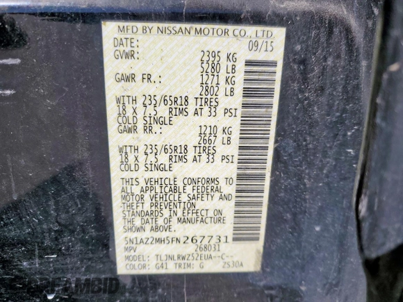 2015 Nissan Murano SL with VIN 5N1AZ2MH5FN267731, listed as a Copart auction lot 47766095 with 210,281 mi miles and Salvage Title. Bid and sale history available at DreamBid. Image 14.