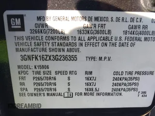 2003 Chevrolet Suburban LT with VIN 3GNFK16ZX3G236355, listed as a IAAI auction lot 38329078 with 248,228 mi miles and . Bid and sale history available at DreamBid. Image 9.
