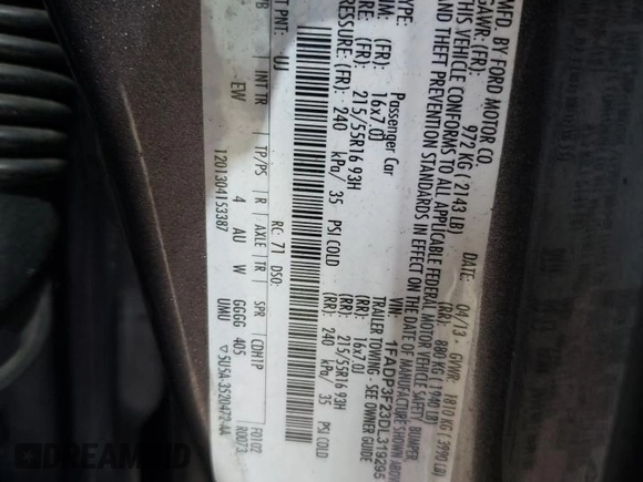 2013 Ford Focus SE with VIN 1FADP3F23DL319295, listed as a Copart auction lot 59927985 with 139,264 mi miles and Salvage title. Bid and sale history available at DreamBid. Image 13.