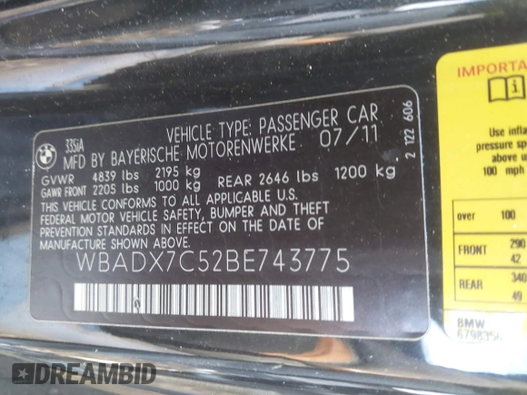 2011 BMW 3 Series 335i with VIN WBADX7C52BE743775, listed as a IAAI auction lot 41887309 with 92,555 mi miles and . Bid and sale history available at carsss.com. Image 9.