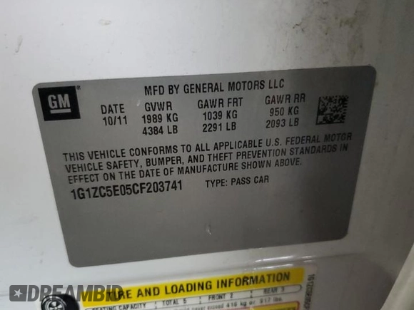 2012 Chevrolet Malibu 1LT with VIN 1G1ZC5E05CF203741, listed as a Copart auction lot 80200114 with 58,082 mi miles and Salvage Title. Bid and sale history available at DreamBid. Image 13.
