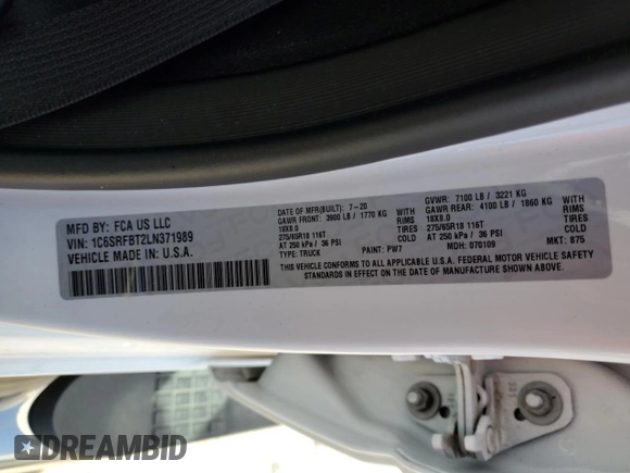 2020 Ram 1500 Big Horn z VIN 1C6SRFBT2LN371989, wystawiony jako Copart lot #50135945 z przebiegiem 75 103 mil mil oraz Szkoda całkowita • Salvage title. Historia ofert i sprzedaży dostępna na DreamBid. Obrazek 12.