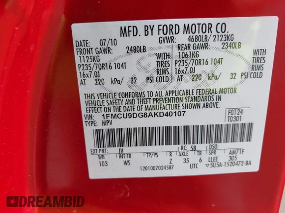 2010 Ford Escape XLT с VIN 1FMCU9DG8AKD40107, выставлен на аукционе IAAI как лот 42405128 с пробегом 168 383 миль миль и . История ставок и продаж доступна на DreamBid. Изображение 9.