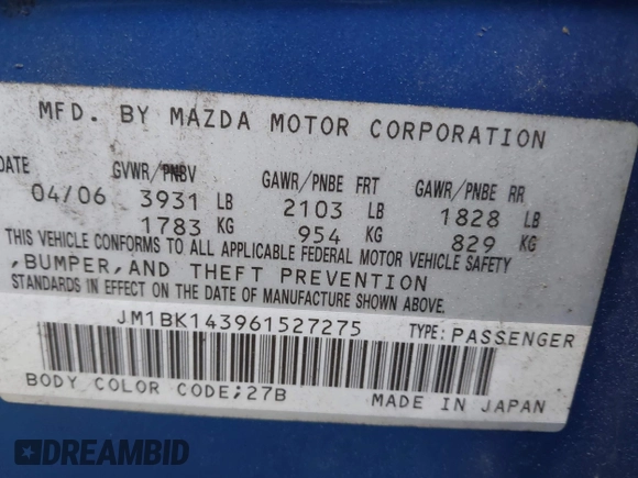 2006 Mazda 3 s z VIN JM1BK143961527275, wystawiony jako IAAI lot #42176335 z przebiegiem 204 943 mil mil oraz . Historia ofert i sprzedaży dostępna na DreamBid. Obrazek 9.