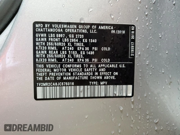 2018 Volkswagen Atlas SEL z VIN 1V2MR2CA8JC575016, wystawiony jako Copart lot #54044235 z przebiegiem 90 455 mil mil oraz Szkoda całkowita • Salvage title. Historia ofert i sprzedaży dostępna na DreamBid. Obrazek 13.