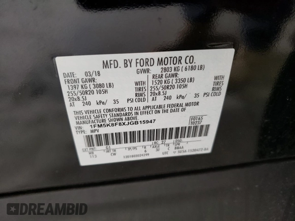 2018 Ford Explorer Limited z VIN 1FM5K8F8XJGB15947, wystawiony jako Copart lot #50683785 z przebiegiem 119 087 mil mil oraz Szkoda całkowita • Salvage title. Historia ofert i sprzedaży dostępna na DreamBid. Obrazek 13.