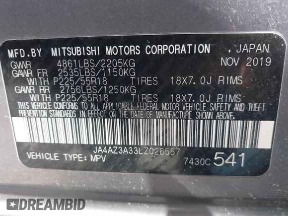 2020 Mitsubishi Outlander ES with VIN JA4AZ3A33LZ026557, listed as a IAAI auction lot 41792090 with 57,338 mi miles and . Bid and sale history available at DreamBid. Image 9.