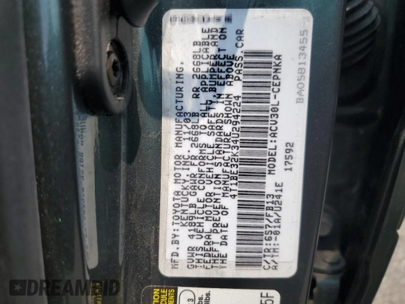 2004 Toyota Camry LE z VIN 4T1BE32K34U294224, wystawiony jako Copart lot #59581595 z przebiegiem 188 034 mil mil oraz Szkoda całkowita • Salvage title. Historia ofert i sprzedaży dostępna na DreamBid. Obrazek 12.