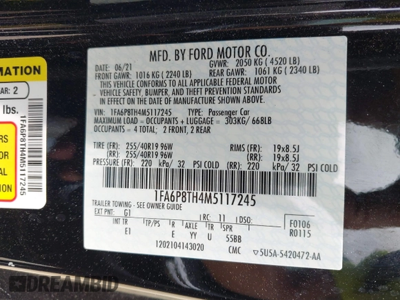 2021 Ford Mustang EcoBoost z VIN 1FA6P8TH4M5117245, wystawiony jako IAAI lot #39793267 z przebiegiem 15 913 mil mil oraz . Historia ofert i sprzedaży dostępna na DreamBid. Obrazek 9.