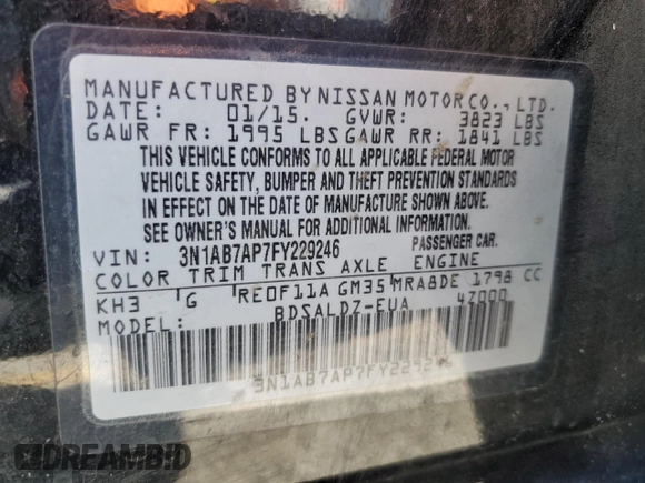2015 Nissan Sentra SR with VIN 3N1AB7AP7FY229246, listed as a Copart auction lot 46331555 with 118,406 mi miles and Salvage Title. Bid and sale history available at DreamBid. Image 13.