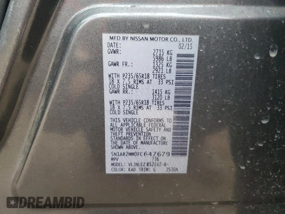 2015 Nissan Pathfinder Platinum с VIN 5N1AR2MM0FC647679, выставлен на аукционе Copart как лот 54167905 с пробегом 183 121 миль миль и Чистый • Clean title. История ставок и продаж доступна на DreamBid. Изображение 13.