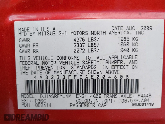 2010 Mitsubishi Galant ES z VIN 4A32B3FF9AE004808, wystawiony jako IAAI lot #40752788 z przebiegiem 163 032 mil mil oraz . Historia ofert i sprzedaży dostępna na DreamBid. Obrazek 9.