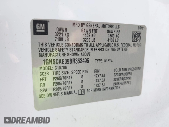 2011 Chevrolet Tahoe LS with VIN 1GNSCAE09BR352496, listed as a IAAI auction lot 41888764 with 234,311 mi miles and . Bid and sale history available at DreamBid. Image 9.