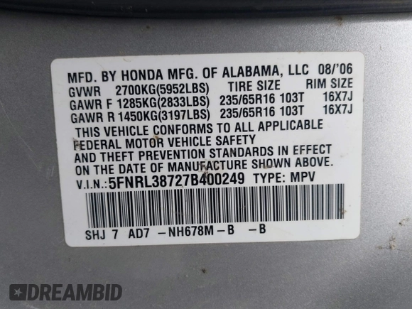 2007 Honda Odyssey EX-L with VIN 5FNRL38727B400249, listed as a IAAI auction lot 41813836 with 275,661 mi miles. Bid and sale history available at carsss.com. Image 9.
