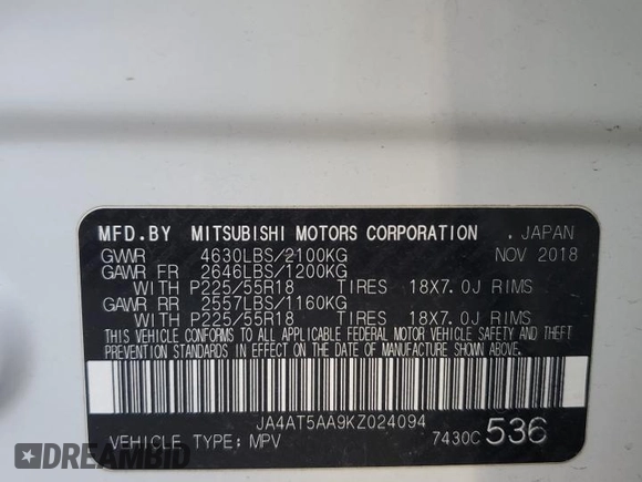 2019 Mitsubishi Eclipse Cross SE with VIN JA4AT5AA9KZ024094, listed as a Copart auction lot 49715245 with 89,875 mi miles and Salvage title. Bid and sale history available at DreamBid. Image 13.