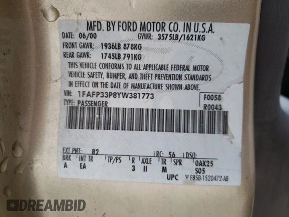 2000 Ford Focus LX with VIN 1FAFP33P8YW381773, listed as a Copart auction lot 80168174 with 151,410 mi miles and Salvage Title. Bid and sale history available at DreamBid. Image 13.
