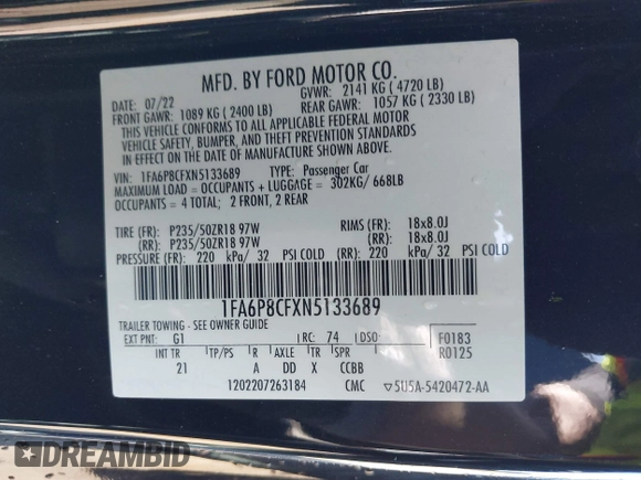 2022 Ford Mustang GT with VIN 1FA6P8CFXN5133689, listed as a IAAI auction lot 41872122 with 26,838 mi miles. Bid and sale history available at carsss.com. Image 9.