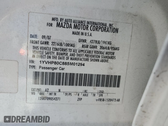 2008 Mazda 6 i Sport VE with VIN 1YVHP80C885M01294, listed as a Copart auction lot 88508995 with 239,017 mi miles and Salvage Title. Bid and sale history available at carsss.com. Image 12.