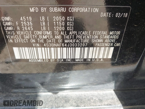 2018 Subaru Legacy Premium with VIN 4S3BNAF64J3033207, listed as a IAAI auction lot 42261208 with Not provided miles and . Bid and sale history available at DreamBid. Image 9.