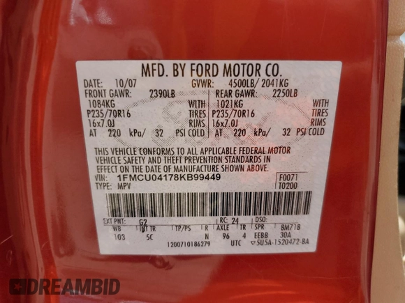 2008 Ford Escape Limited with VIN 1FMCU04178KB99449, listed as a Copart auction lot 56977605 with 113,371 mi miles and Salvage title. Bid and sale history available at DreamBid. Image 14.