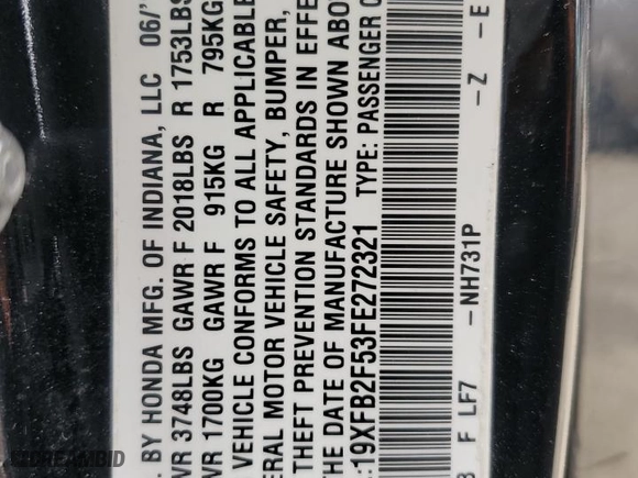 2015 Honda Civic Sedan LX with VIN 19XFB2F53FE272321, listed as a Copart auction lot 52527045 with 80,083 mi miles and Salvage Title. Bid and sale history available at carsss.com. Image 14.