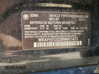 2011 BMW 3 Series 328i с VIN WBAPH7G52BNN07423, выставлен на аукционе Copart как лот 61913975 с пробегом 106 626 миль миль и Чистый • Clean title. История ставок и продаж доступна на DreamBid. Изображение 12.