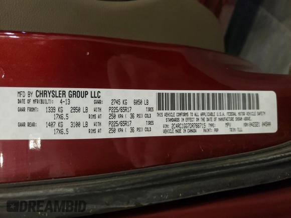 2013 Chrysler Town & Country Limited with VIN 2C4RC1GG7DR766715, listed as a Copart auction lot 52556215 with 180,980 mi miles and Salvage Title. Bid and sale history available at carsss.com. Image 13.