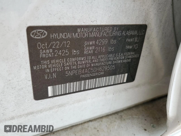 2013 Hyundai Sonata GLS with VIN 5NPEB4AC5DH629505, listed as a Copart auction lot 54120795 with 113,901 mi miles and Salvage Title. Bid and sale history available at carsss.com. Image 12.
