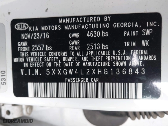 2017 Kia Optima SX with VIN 5XXGW4L2XHG136843, listed as a IAAI auction lot 41806606 with 157,899 mi miles. Bid and sale history available at carsss.com. Image 9.