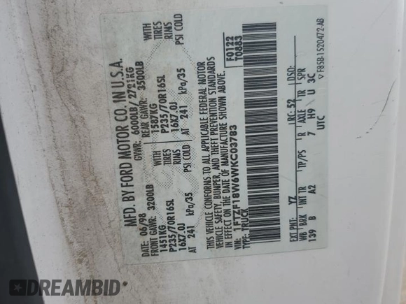 1998 Ford F-150 with VIN 1FTZF18W6WKC03783, listed as a Copart auction lot 86201354 with 160,000 mi miles and Salvage title. Bid and sale history available at DreamBid. Image 12.