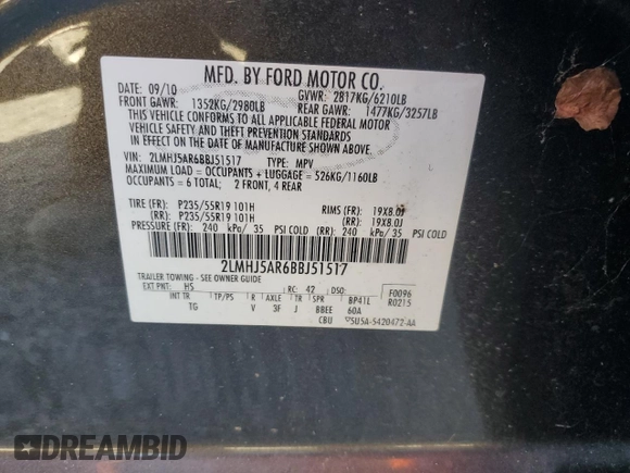 2011 Lincoln MKT with VIN 2LMHJ5AR6BBJ51517, listed as a Copart auction lot 76297924 with 98,211 mi miles and Salvage Title. Bid and sale history available at DreamBid. Image 14.