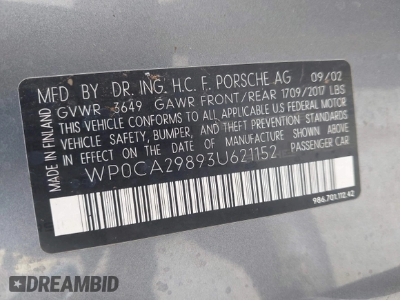 2003 Porsche Boxster with VIN WP0CA29893U621152, listed as a IAAI auction lot 42533307 with 70,106 mi miles and . Bid and sale history available at DreamBid. Image 9.