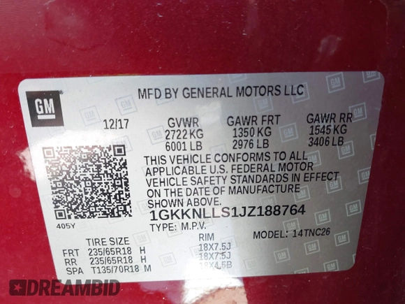 2018 GMC Acadia SLE with VIN 1GKKNLLS1JZ188764, listed as a IAAI auction lot 42148754 with 54,072 mi miles and . Bid and sale history available at DreamBid. Image 9.