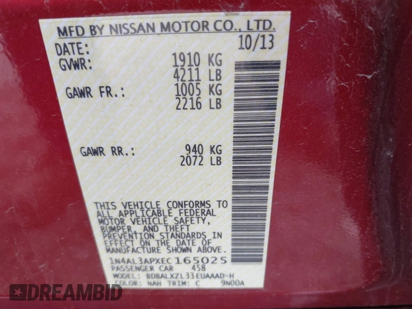 2014 Nissan Altima 2.5 with VIN 1N4AL3APXEC165025, listed as a IAAI auction lot 42093341 with 93,617 mi miles. Bid and sale history available at carsss.com. Image 9.