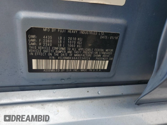2010 Subaru Legacy Limited Moon with VIN 4S3BMBK66A3234024, listed as a Copart auction lot 55351705 with 231,039 mi miles and Salvage title. Bid and sale history available at DreamBid. Image 12.