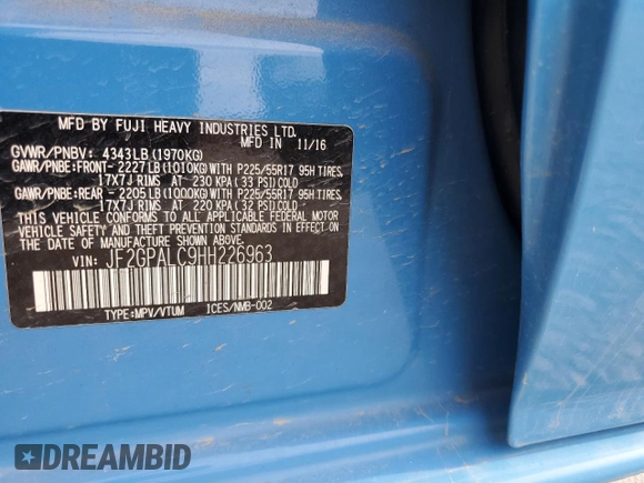2017 Subaru Crosstrek Limited z VIN JF2GPALC9HH226963, wystawiony jako Copart lot #58939335 z przebiegiem 128 986 mil mil oraz Szkoda całkowita • Salvage title. Historia ofert i sprzedaży dostępna na DreamBid. Obrazek 12.