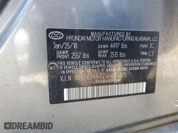2018 Hyundai Sonata SEL with VIN 5NPE34AF2JH685825, listed as a Copart auction lot 52036325 with 45,680 mi miles and Salvage Title. Bid and sale history available at DreamBid. Image 12.