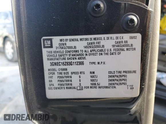 2003 Chevrolet Suburban LT with VIN 3GNEC16Z83G112366, listed as a Copart auction lot 76051074 with 0 mi miles and Salvage Title. Bid and sale history available at carsss.com. Image 13.