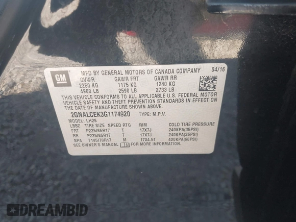2016 Chevrolet Equinox LT with VIN 2GNALCEK3G1174920, listed as a IAAI auction lot 41971272 with 91,775 mi miles. Bid and sale history available at carsss.com. Image 9.