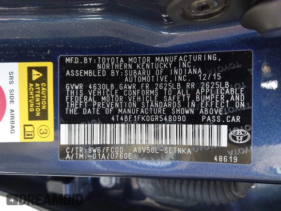 2016 Toyota Camry XLE with VIN 4T4BF1FK0GR548090, listed as a IAAI auction lot 41737849 with 170,240 mi miles and . Bid and sale history available at carsss.com. Image 9.