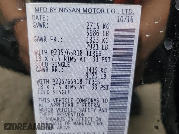 2017 Nissan Pathfinder SV with VIN 5N1DR2MM4HC630741, listed as a Copart auction lot 60698795 with 134,302 mi miles and Clean title. Bid and sale history available at DreamBid. Image 13.