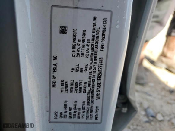 2022 Tesla Model 3 Long Range with VIN 5YJ3E1EB2NF277448, listed as a Copart auction lot 47970765 with 53,055 mi miles and Salvage Title. Bid and sale history available at carsss.com. Image 13.