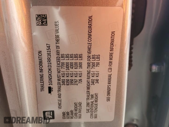 2024 Chevrolet Suburban Z71 z VIN 1GNSKDKD1RR161547, wystawiony jako Copart lot #41565545 z przebiegiem 12 607 mil mil oraz Szkoda całkowita • Salvage title. Historia ofert i sprzedaży dostępna na DreamBid. Obrazek 13.