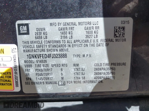 2015 Chevrolet Traverse LS z VIN 1GNKVFED4FJ323888, wystawiony jako IAAI lot #42001827 z przebiegiem 182 819 mil mil oraz . Historia ofert i sprzedaży dostępna na DreamBid. Obrazek 9.